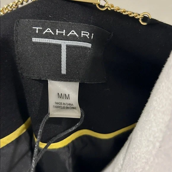 NWT T Tahari Black Collarless Open Front Faux Leather Trim Jacket Blazer M - Picture 2 of 9